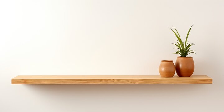 Isolated wooden shelf on white wall with space for product exhibition.