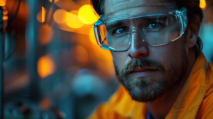 Portrait of a man in safety goggles and orange suit with a serious look, against a background of blurred lights. - obrazy, fototapety, plakaty