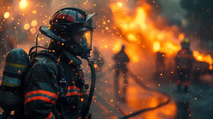 Foto op Plexiglas a firefighter in full gear in front of the flames of a huge fire © Eyd_Ennuard