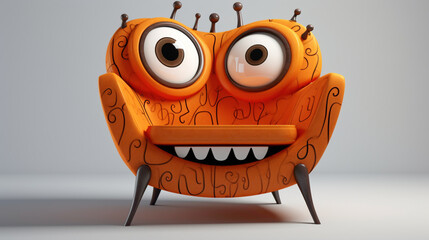 Whimsical cartoonish chair with big eyes and a happy expression, inviting you to sit back and relax in comfort against a clean white surface, promising relaxation.