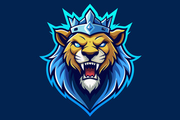 angry lion with blue shine eye and king crown on head , for esport gaming logo