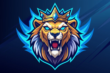angry lion with blue shine eye and king crown on head , for esport gaming logo