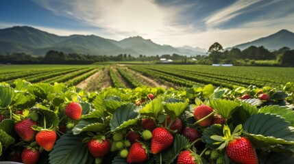 Strawberry plantation with ripe red berries in the field. Industry, Organic Eco-products, Food, Production of jams, juices, ice cream, Wholesale and retail trade, Agricultural Business concepts. - Powered by Adobe