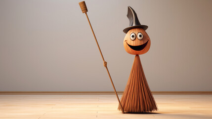 Whimsical cartoonish broom with a friendly face, ready to sweep away dust and cobwebs with a smile against a clean white floor, promising cleanliness.