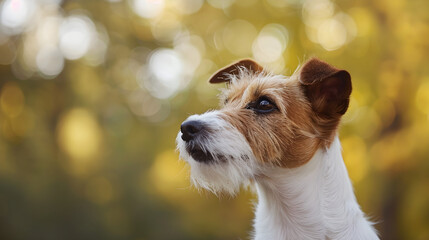 close up photo of fox terrier on blurry forest background