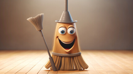 Whimsical cartoonish broom with a friendly face, ready to sweep away dust and cobwebs with a smile against a clean white floor, promising cleanliness.