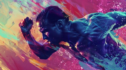 Athlete designing a training program that integrates mindfulness and high intensity workouts in dynamic motion art style