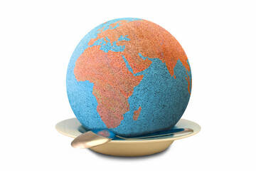 Earth globe inside an empty plate where Africa is shown as a concept of world hunger. The empty...