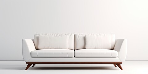 Angular white sofa with dark wooden legs, isolated on a white background.