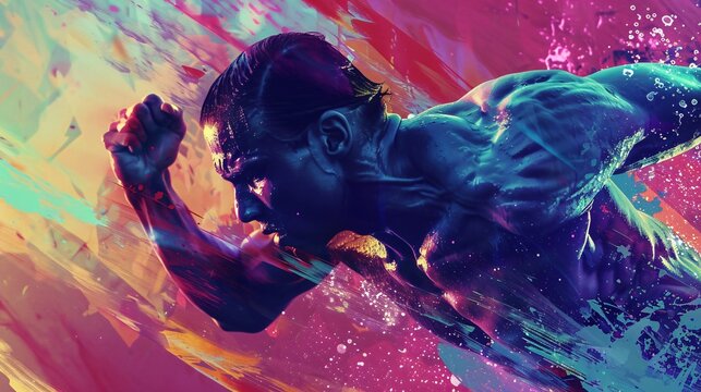 Athlete designing a training program that integrates mindfulness and high intensity workouts in dynamic motion art style