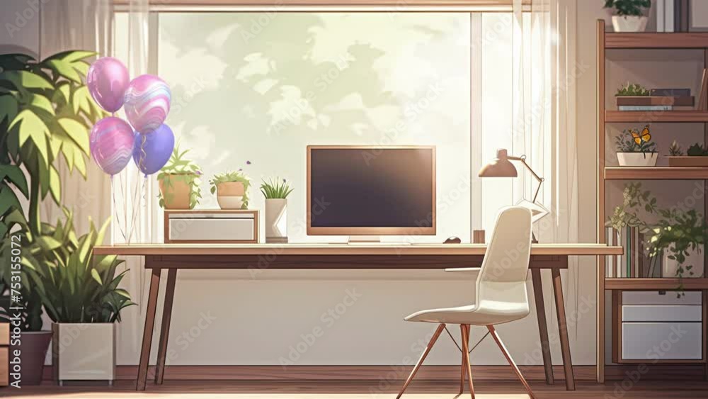 Poster video footage of a room with tables, chairs and computers facing a window. there are butterflies and