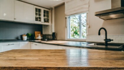 wooden kitchen counter blurry kitchen background; modern kitchen; empty kitchen counter; product display