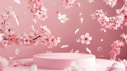 Cherry blossom inspired scene with a delicate pink podium amidst falling petals perfect for spring themed product showcases