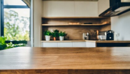 wooden kitchen counter blurry kitchen background; modern kitchen; empty kitchen counter; product display