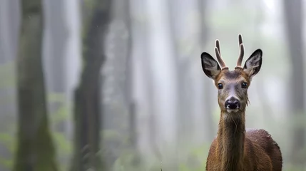 Foto auf Leinwand Curious roe deer roebuck with ears up in misty woodlands  © Pascal