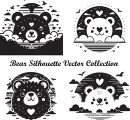 Bear Love Face  Silhouette Vector Illustration Set