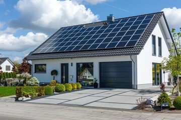 Obraz premium Modern single-story residential home with a solar panel installation on the roof. Eco friendly house. Renewable energy of green power. 