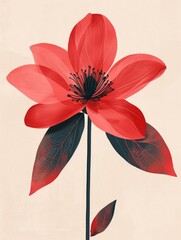 A vibrant red flower with lush green leaves set against a clean white backdrop.