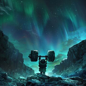 Concept art of a baby Viking hero lifting a runestone barbell with Northern Lights illuminating the dark mystical background