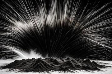 black and white abstract background, Immerse yourself in the mesmerizing chaos of an explosion with a captivating image featuring a burst of black charcoal powder dust against a pristine white backgro