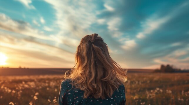 Young woman standing on a field with sunset on the background, generative ai