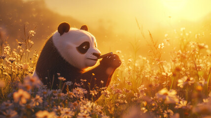 A playful panda in a meadow, savoring a cigar amidst wildflowers under the golden glow of the...