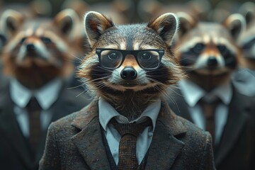 Commanding raccoon in a fashionable tweed suit amidst others, exuding leadership and style