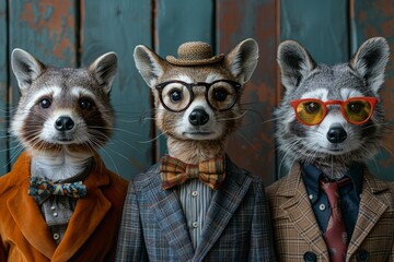 Three raccoons in eclectic outfits showcasing diverse personalities and fashion influence