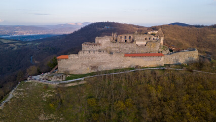 Fototapeta premium Aerial photos of the Visegrad Castle in Hungary on a sunny winter day. Drone Photo, Visegrádi Fellegvár, Visegrad Castle, Duna, Danube, Sunny Winter Day