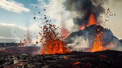 Exploding lava in the erupting volcano in Iceland.