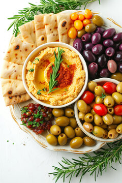 A platter of Mediterranean foods, olives, hummus, and whole grain pita isolated on a white background, realistic, 4K
