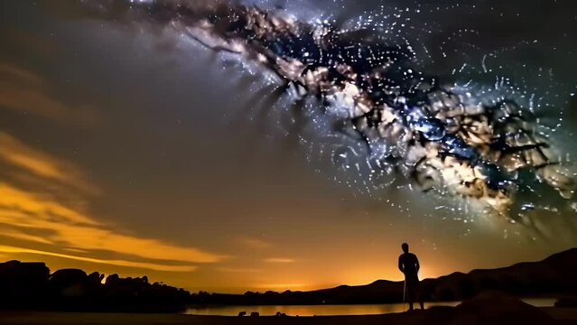 Fantasy landscape of starry sky, falling stars and changing contrasts