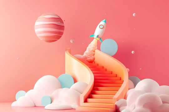 Dreamy 3D illustration of whimsical stairs leading up to a colorful platform with rockets ready for a playful launch into the pink sky