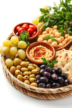 A platter of Mediterranean foods, olives, hummus, and whole grain pita isolated on a white background, realistic, 4K