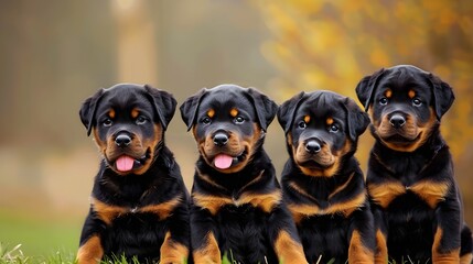 rottweiler puppies sitting in a row together