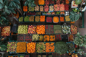 Aerial View of Colorful Fresh Fruit Stand Market - obrazy, fototapety, plakaty