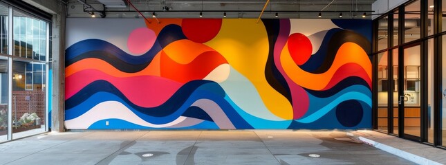Vibrant abstract mural painted on a building's interior wall, featuring bold waves of blue, yellow, pink, and red, offering a modern artistic vibe in an urban setting.