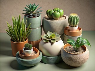 Stylish arrangement of succulents and cacti in designer pots on neutral background.