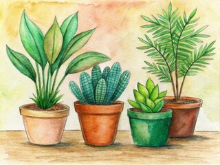 A charming watercolor painting of diverse potted plants with a warm background.