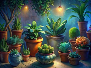 A bright scene of potted succulents and plants illuminated by soft light.