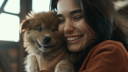 A close-up shot of a brunette woman beaming with happiness as she holds a fluffy puppy in her arms.