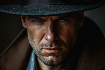 Detailed close-up of a man's stylish hat and coat with deep, rich tones and textures