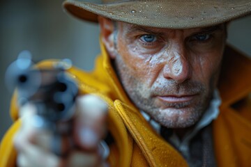 Suspenseful close-up of a man in a yellow coat aiming a gun, drops of water visible