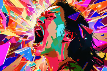 Colorful Cartoon of a Woman Shouting Against Abstract Background