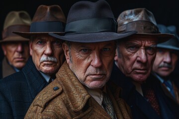 A close shot of a group of serious men wearing vintage hats and coats looking directly at the camera - Powered by Adobe
