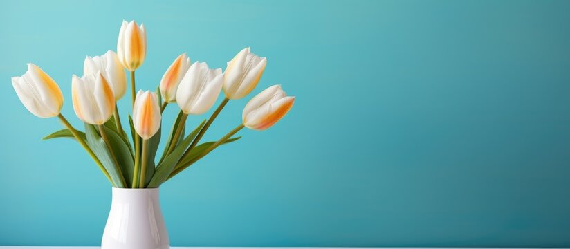 White tulips in a vase on a table against a bright background