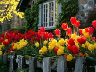Red and yellow tulips bloom in front of a traditional stone cottage in the morning light. - obrazy, fototapety, plakaty