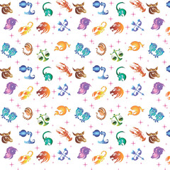 Abstract pattern. Zodiac signs. Flyer background design, postcard, advertising background, fabric, clothing, texture, textile pattern.