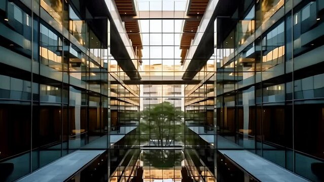 A modern architectural building with round glass facades and an atrium creating the illusion of an endless loop.
Concept: modern architecture, design of corporate spaces, or as a symbol of innovation 
