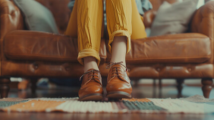 A fashionable young woman kicking back in trendy shoes on a cozy couch, her relaxed posture reflecting her effortless sense of style.